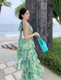 New Fashion Green Floral Design A-line V-neck Beach Holiday Tiered Halter Dress HZ1024