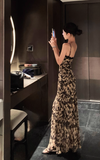 Simple Fashion Beige Floral Design A-line Beach Holiday Spaghetti Strap Dress HZ1024
