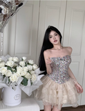 Fashion Sparkly Sequin Tulle Design A-line Strapless Tiered Homecoming Dress HZ1024