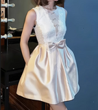 Beautiful Champagne Satin Lace Bow Design A-line Sleeveless Homecoming Dress HZ1024