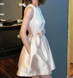 Beautiful Champagne Satin Lace Bow Design A-line Sleeveless Homecoming Dress HZ1024