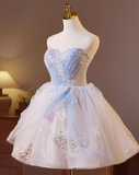 Chic Sequin A-line Sweetheart Tulle Strapless Party Dresses Homecoming Dresses, HZ1024
