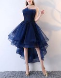 Retro Navy Blue Strapless Ruffled Hem Design A-line Tulle Party Dress Homecoming Dress HZ1024