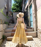 Vintage Yellow Bohemian Style Design Elegant Beach Holiday A-Line Sleeveless Halter Dress Summer Dress Party Dress HZ1024