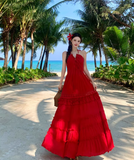 Vintage Burgundy V-neck Design Elegant Beach Holiday A-Line Sleeveless Halter Dress Summer Dress Party Dress HZ1024