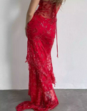 Elegant Red Lace Prom Dress Sequin Sheath Evening Gown Long Party Dress Spaghetti Strap Formal Dress HZ1024