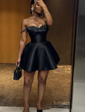 Vintage Black Beaded Satin Sweetheart A-Line Homecoming Dress Party Dress Cocktail Dress HZ1024