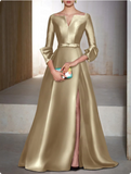 Elegant Satin Long-sleeve Prom Dress A-Line Evening Gown High Slit Party Dress Long Formal Dress HZ1024