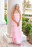 Elegant Chiffon Strapless Prom Dress Sheath Pleated Evening Gown Tiered Party Dress Long Formal Dress HZ1024