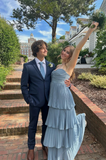 Elegant Chiffon Strapless Prom Dress Sheath Pleated Evening Gown Tiered Party Dress Long Formal Dress HZ1024