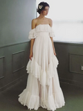 Elegant Ivory Lace Off-the-shoulder A-Line Tiered Wedding Dress HZ1024