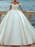 Elegant White Satin Sweetheart Off-the-shoulder A-Line Long Wedding Dress HZ1024