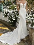 Elegant White Applique Sweetheart Off-the-shoulder Mermaid Satin Trailing Long Wedding Dress HZ1024