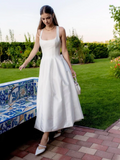 Elegant Simple White Square-neck Straps A-Line Ankle-length Wedding Dress HZ1024