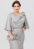 Elegant Lace Half Sleeve Cowl Neck Mother of Bride Dress Sheath Evening Gown Long Formal Dress HZ1024