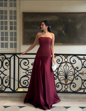 Elegant Burgundy Satin A-Line Evening Gown Strapless Party Dress Long Formal Dress HZ1024