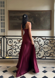Elegant Burgundy Satin A-Line Evening Gown Strapless Party Dress Long Formal Dress HZ1024