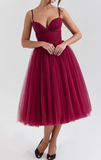 Elegant Burgundy A-Line Evening Gown Sweetheart Spaghetti Strap Party Dress Tulle Long Formal Dress HZ1024
