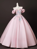 Elegant Pink Satin Applique Sweet 16 Quinceanera A-Line Off-the-shoulder Evening Dress Long Ball Gown HZ1024
