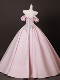 Elegant Pink Satin Applique Sweet 16 Quinceanera A-Line Off-the-shoulder Evening Dress Long Ball Gown HZ1024