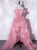 Vintage Pink A-Line Evening Gown Tulle Off-the-shoulder Party Dress Long Formal Dress HZ1024