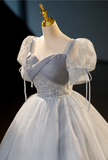 Elegant Dusty Blue A-Line Beaded Evening Gown Tulle Short-sleeved Party Dress Long Formal Dress HZ1024