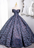 Vintage Floral Satin Sweet 16 Quinceanera Bow Off-the-shoulder Evening Dress Long Ball Gown HZ1024