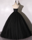 Vintage Black Applique A-Line Evening Gown Tulle Strapless Party Dress Long Formal Dress HZ1024
