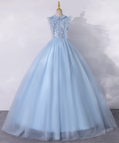 Vintage Sky Blue Applique Beaded A-Line Evening Gown Tulle Collar Party Dress Sleeveless Long Formal Dress HZ1024