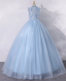 Vintage Sky Blue Applique Beaded A-Line Evening Gown Tulle Collar Party Dress Sleeveless Long Formal Dress HZ1024