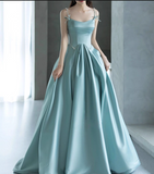 Vintage Turquoise Satin A-Line Evening Gown Spaghetti Strap Party Dress Long Formal Dress HZ1024