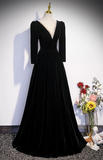 Elegant Black Velvet Beaded A-Line Evening Gown Long-sleeved V-neck Party Dress Long Formal Dress HZ1024