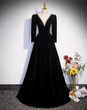 Elegant Black Velvet Beaded A-Line Evening Gown Long-sleeved V-neck Party Dress Long Formal Dress HZ1024