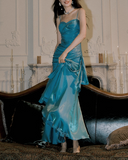 Vintage Sweetheart Sheath Spaghetti Strap Evening Dress Ruffled Long Prom Dress HZ1024
