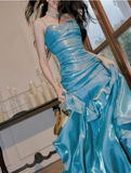 Vintage Sweetheart Sheath Spaghetti Strap Evening Dress Ruffled Long Prom Dress HZ1024
