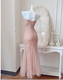 Vintage Pink Sequin Mermaid Spaghetti Strap V-neck Evening Dress Long Prom Dress HZ1024