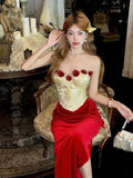 Vintage 3D Rose Sweetheart Prom Dress Red Velvet Sheath Evening Dress Long Formal Dress HZ1024