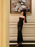 Vintage Black Strapless Floral Applique Design Elegant Sheath Evening Dress Prom Dress HZ1024