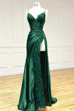 Vintage Applique V-neck Spaghetti Strap Satin Floor-length High Slit Prom Dress Evening Dress HZ1024