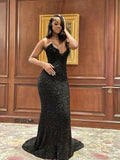 Sexy Black Glittering Sequined Beaded Sweetheart Strapless Mermaid Floor-length High Slit Prom Dress Evening Dress HZ1024