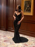 Sexy Black Glittering Sequined Beaded Sweetheart Strapless Mermaid Floor-length High Slit Prom Dress Evening Dress HZ1024