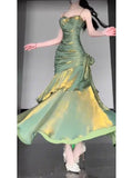 Vintage Green Spaghetti Strap Ruffle Design Elegant A-line Satin Evening Dress Prom Dress HZ1024