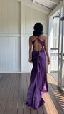 Vintage Satin V-neck Prom Dress Long Evening Dress Sheath Backless Formal Dress HZ1024