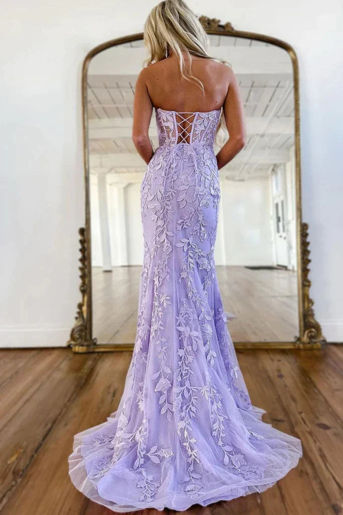 Mermaid Strapless Purple Lace Long Prom Dress, Purple Lace Formal Dress, Long Purple Evening Dress HZ1024