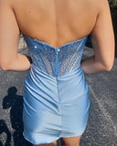 Fashion Light Blue Sequined Beaded Design Short Strapless Homecoming Dress HZ1024