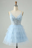 Vintage Light Blue Beaded Design Spaghetti Strap Short Homecoming Dresses HZ1024