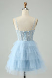 Vintage Light Blue Beaded Design Spaghetti Strap Short Homecoming Dresses HZ1024