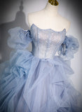 Blue Tulle Beaded Off Shoulder New Style Prom Dress, Blue Evening Dress Formal Dress HZ1024