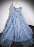 Blue Tulle Beaded Off Shoulder New Style Prom Dress, Blue Evening Dress Formal Dress HZ1024