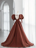 Brown Satin Short Sleeves Long Party Dress, A-line Satin Prom Dress HZ1024